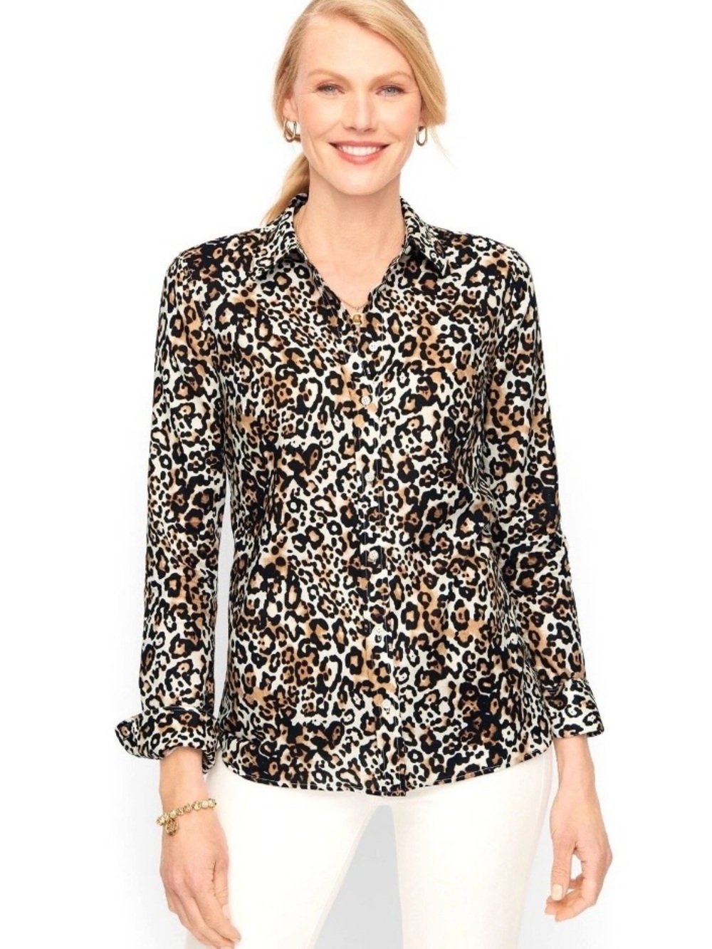 Talbots Leopard Print Button-Front Cotton Blouse Size XL